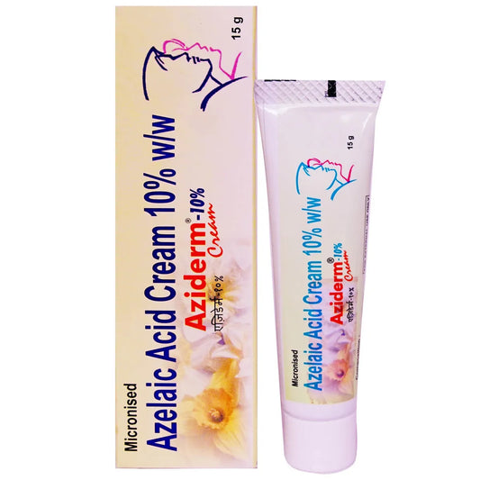 Aziderm Micronised Azelaic Acid Cream 10% w/w packaging and tube on a white background