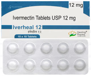 Ivermectin Tablets USP 12 mg (Iverheal 12) packaging box and a blister pack of 10 tablets, manufactured by Healing Pharma.